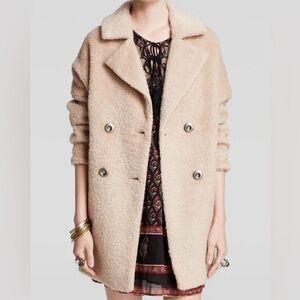 Free People Double Breasted Teddy Coat Medium Tan Jacket Plush Trench